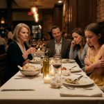 A grandmother insults granddaughter at family dinner while a distressed teenage girl in a yellow sundress stands beside her protective mother at a restaurant.