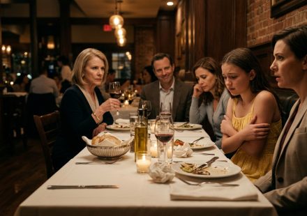 A grandmother insults granddaughter at family dinner while a distressed teenage girl in a yellow sundress stands beside her protective mother at a restaurant.