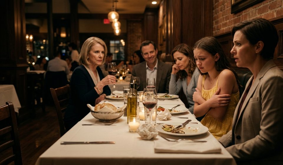 A grandmother insults granddaughter at family dinner while a distressed teenage girl in a yellow sundress stands beside her protective mother at a restaurant.