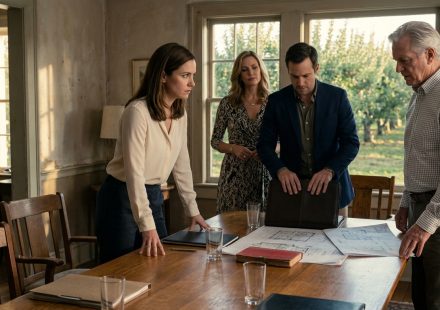 Claire confronts her sister and ex-husband at the farmhouse dining table as they reveal plans to turn the family apple orchard into a wedding resort.