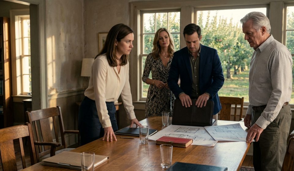 Claire confronts her sister and ex-husband at the farmhouse dining table as they reveal plans to turn the family apple orchard into a wedding resort.
