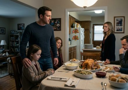 A young daughter denied a plate at Thanksgiving sits beside her protective father while relatives enjoy their holiday dinner.
