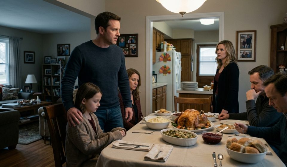 A young daughter denied a plate at Thanksgiving sits beside her protective father while relatives enjoy their holiday dinner.