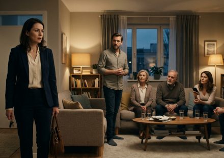 A wife confronts her husband and his relatives in their living room as they pressure her to join a cryptocurrency investment, illustrating how her husband chose his family over me.