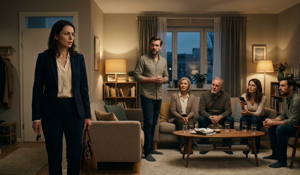 A wife confronts her husband and his relatives in their living room as they pressure her to join a cryptocurrency investment, illustrating how her husband chose his family over me.