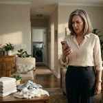 Widowed mother holding her phone in disbelief beside folded laundry after receiving an unexpected message from her daughter.