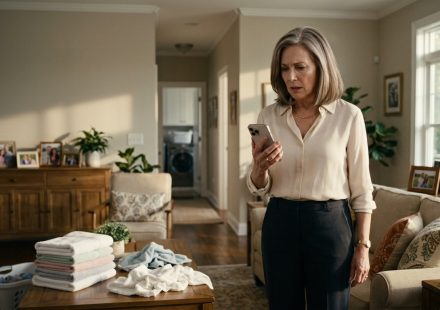 Widowed mother holding her phone in disbelief beside folded laundry after receiving an unexpected message from her daughter.