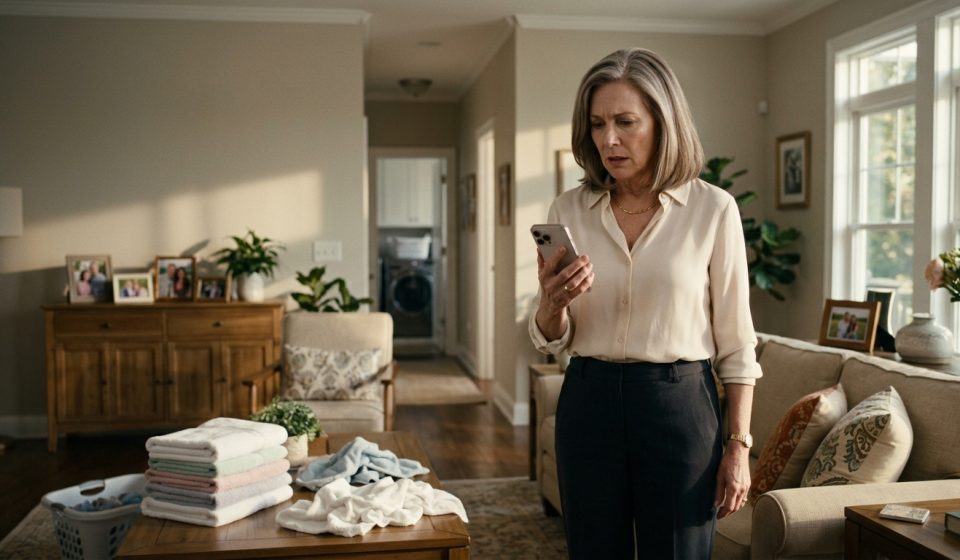 Widowed mother holding her phone in disbelief beside folded laundry after receiving an unexpected message from her daughter.