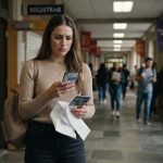 College graduate checking her phone outside the registrar’s office after her parents skipped my graduation for a resort trip.