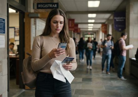 College graduate checking her phone outside the registrar’s office after her parents skipped my graduation for a resort trip.