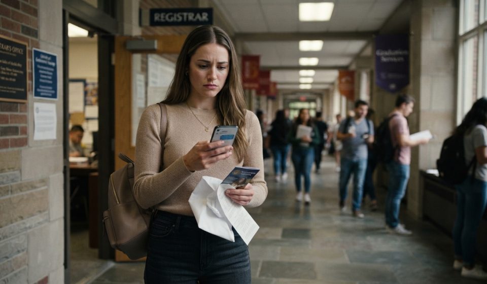 College graduate checking her phone outside the registrar’s office after her parents skipped my graduation for a resort trip.