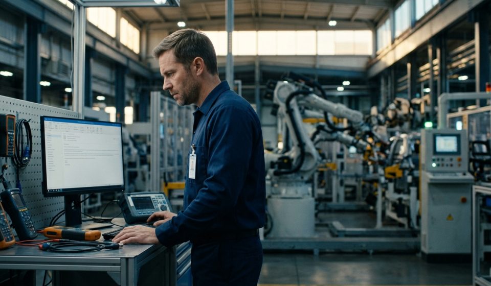 Industrial engineer Roy Whitfield staring in disbelief at his laptop after receiving an email informing him that his position was eliminated after 15 years.