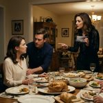 A furious woman holding a leather wallet during a tense family dinner as her shocked future sister-in-law sits beside her fiancé.