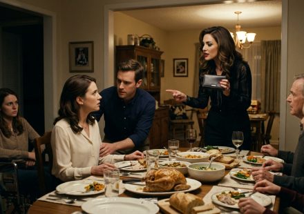 A furious woman holding a leather wallet during a tense family dinner as her shocked future sister-in-law sits beside her fiancé.