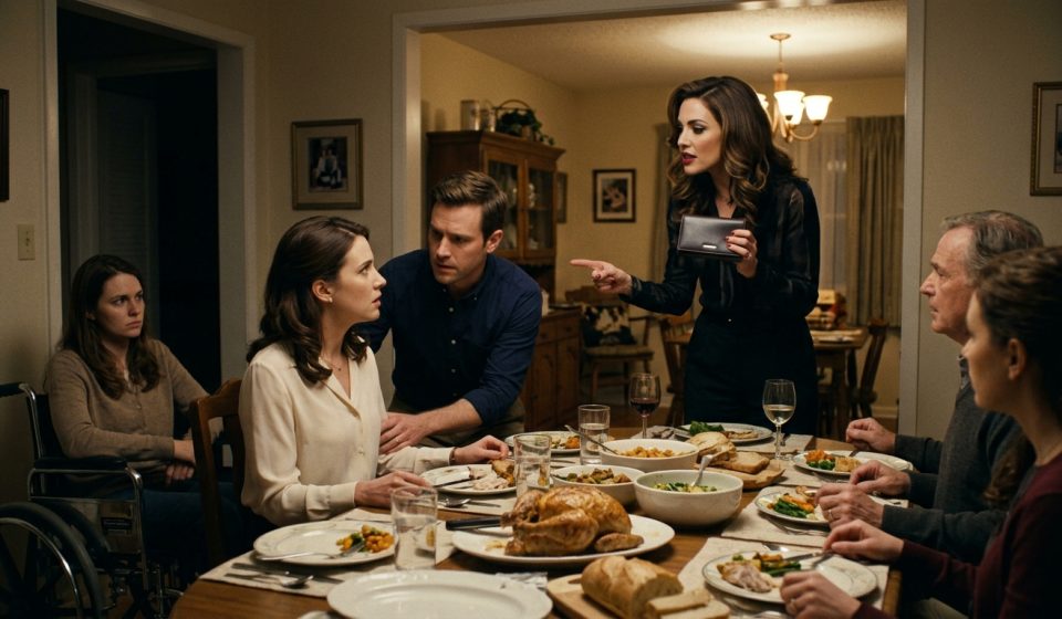 A furious woman holding a leather wallet during a tense family dinner as her shocked future sister-in-law sits beside her fiancé.