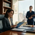 Successful female managing partner reviewing an unexpected law firm partnership proposal in her Manhattan executive office.