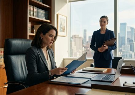 Successful female managing partner reviewing an unexpected law firm partnership proposal in her Manhattan executive office.