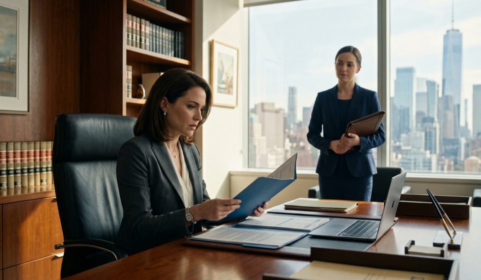Successful female managing partner reviewing an unexpected law firm partnership proposal in her Manhattan executive office.