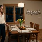 A 30-year-old woman standing alone beside a dinner table set for five in her newly purchased home, looking disappointed after a phone call from her father.