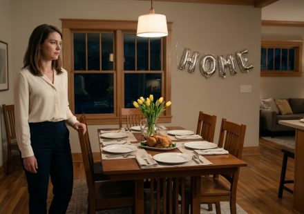 A 30-year-old woman standing alone beside a dinner table set for five in her newly purchased home, looking disappointed after a phone call from her father.