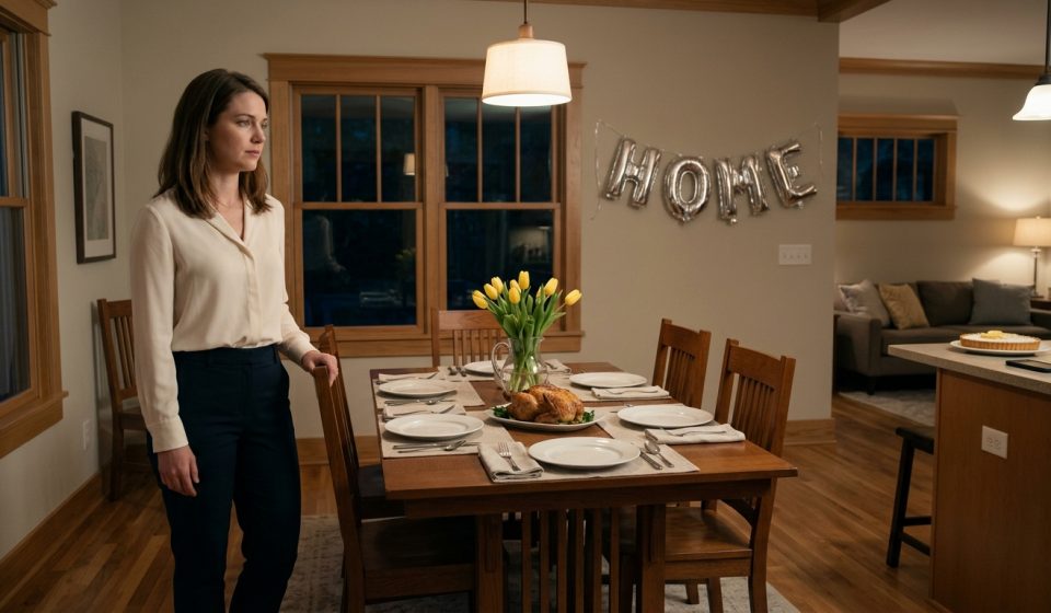 A 30-year-old woman standing alone beside a dinner table set for five in her newly purchased home, looking disappointed after a phone call from her father.