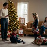 A five-year-old adopted boy looks down sadly beside his toy car as his niece speaks to him during a tense Christmas family gathering.