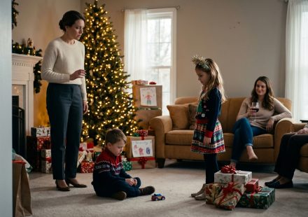 A five-year-old adopted boy looks down sadly beside his toy car as his niece speaks to him during a tense Christmas family gathering.