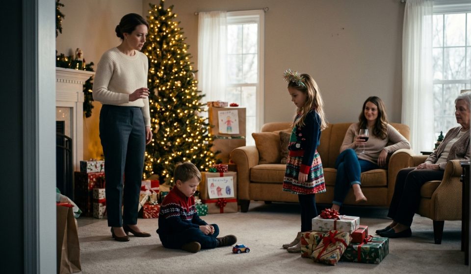 A five-year-old adopted boy looks down sadly beside his toy car as his niece speaks to him during a tense Christmas family gathering.