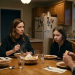 A frightened twelve-year-old girl sits across from her concerned mother at the dinner table while her stepfather smiles beside bowls of chili.
