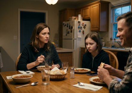 A frightened twelve-year-old girl sits across from her concerned mother at the dinner table while her stepfather smiles beside bowls of chili.