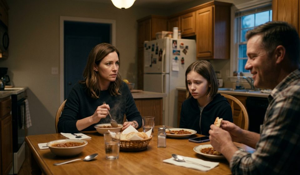 A frightened twelve-year-old girl sits across from her concerned mother at the dinner table while her stepfather smiles beside bowls of chili.