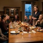 Young woman confronts her controlling mother during a tense Thanksgiving family dinner as relatives watch in silence.