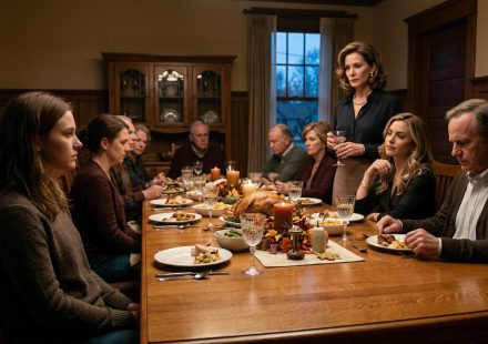 Young woman confronts her controlling mother during a tense Thanksgiving family dinner as relatives watch in silence.