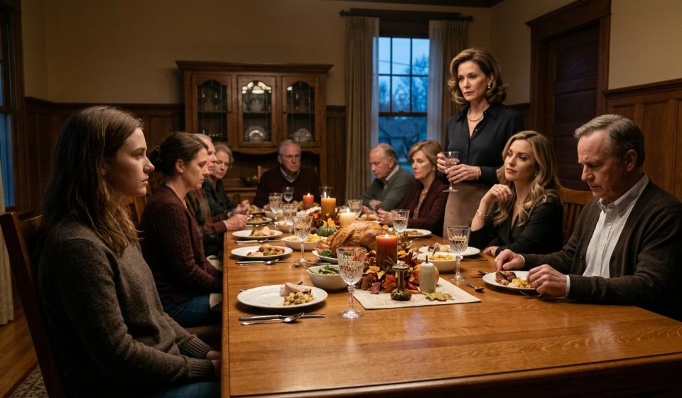 Young woman confronts her controlling mother during a tense Thanksgiving family dinner as relatives watch in silence.