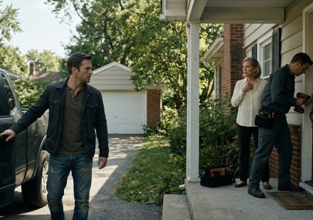 A homeowner confronts his mother and a locksmith outside his inherited family house after discovering an attempt to change the front door locks.