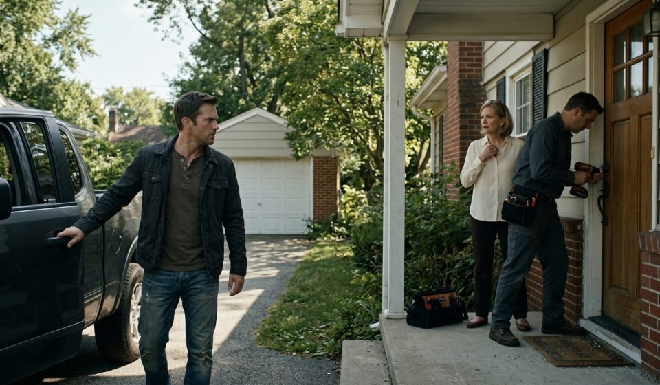 A homeowner confronts his mother and a locksmith outside his inherited family house after discovering an attempt to change the front door locks.