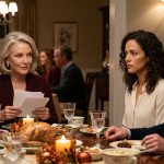 A mother-in-law watches her daughter-in-law with a suspicious smirk across an elegant Thanksgiving dinner table while her son sits beside his wife.