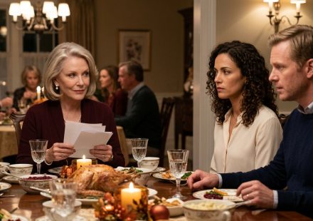 A mother-in-law watches her daughter-in-law with a suspicious smirk across an elegant Thanksgiving dinner table while her son sits beside his wife.