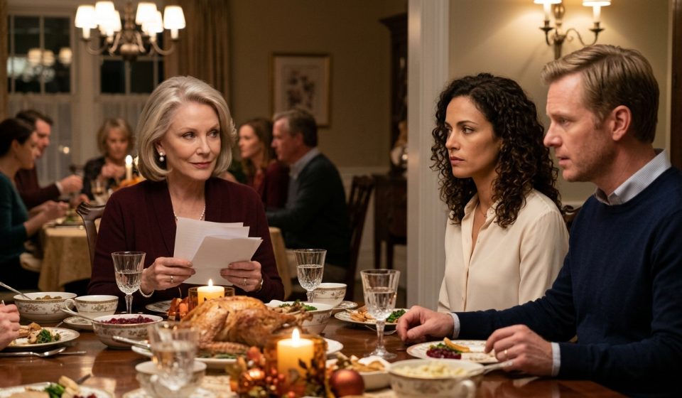 A mother-in-law watches her daughter-in-law with a suspicious smirk across an elegant Thanksgiving dinner table while her son sits beside his wife.