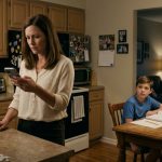 A worried mother reads a message on her phone while her 12-year-old son sits at the kitchen table with his math homework.