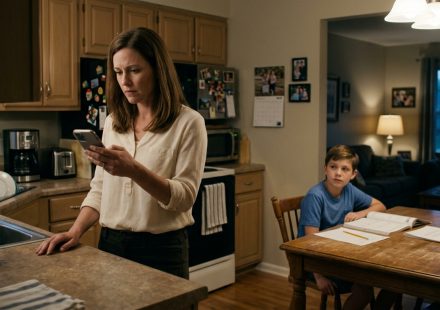 A worried mother reads a message on her phone while her 12-year-old son sits at the kitchen table with his math homework.
