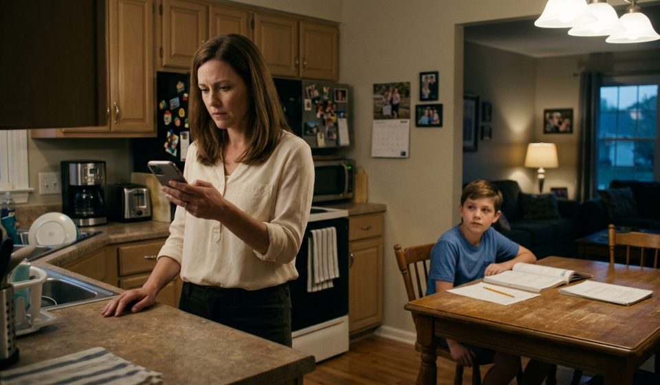 A worried mother reads a message on her phone while her 12-year-old son sits at the kitchen table with his math homework.