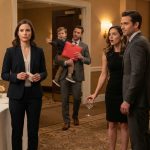 Woman confronts her former fiancé and best friend at a reunion as a young boy enters carrying a red folder.