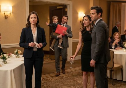 Woman confronts her former fiancé and best friend at a reunion as a young boy enters carrying a red folder.