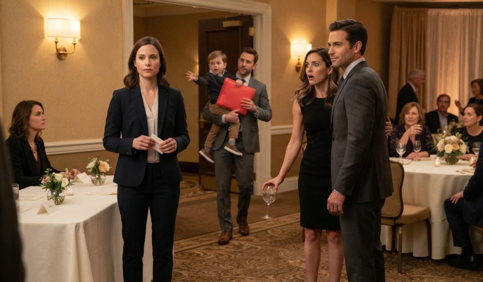 Woman confronts her former fiancé and best friend at a reunion as a young boy enters carrying a red folder.