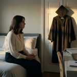 A disappointed college student sits on her bed holding a phone beside her graduation gown after learning her parents will miss her graduation.