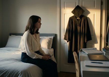 A disappointed college student sits on her bed holding a phone beside her graduation gown after learning her parents will miss her graduation.