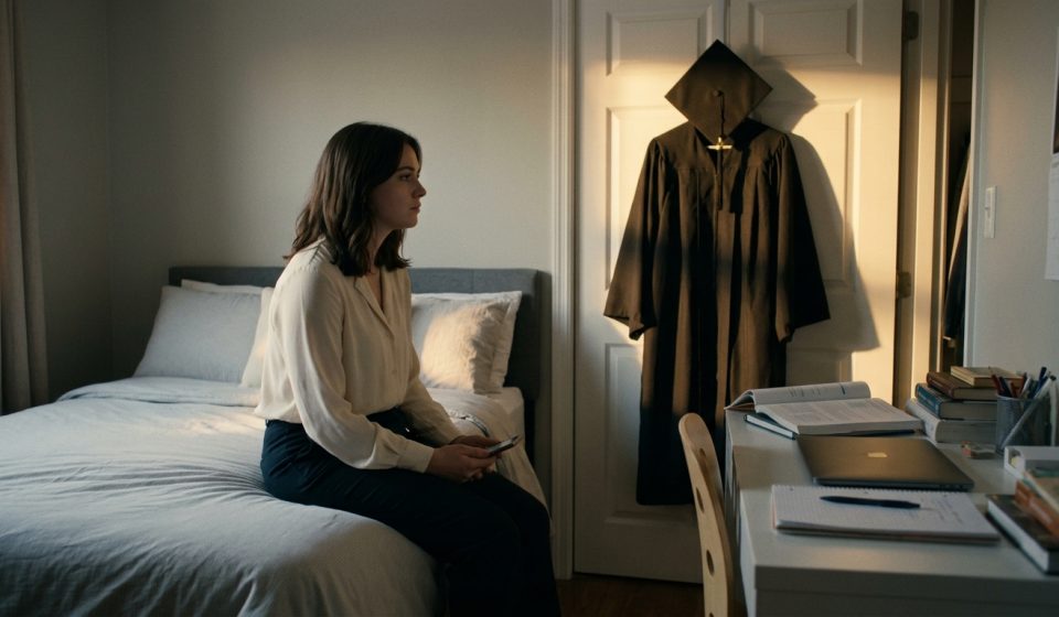 A disappointed college student sits on her bed holding a phone beside her graduation gown after learning her parents will miss her graduation.