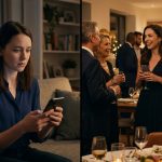 A young woman sitting alone on a sofa, looking sadly at photos of a family celebration on her phone after her sister excluded her from the event.