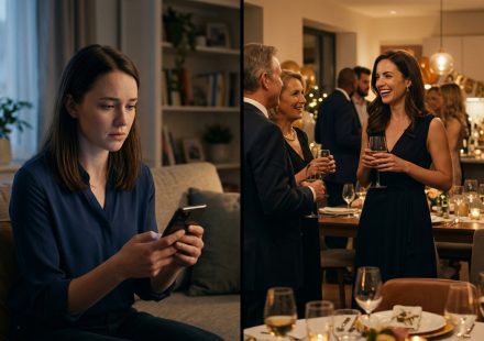 A young woman sitting alone on a sofa, looking sadly at photos of a family celebration on her phone after her sister excluded her from the event.